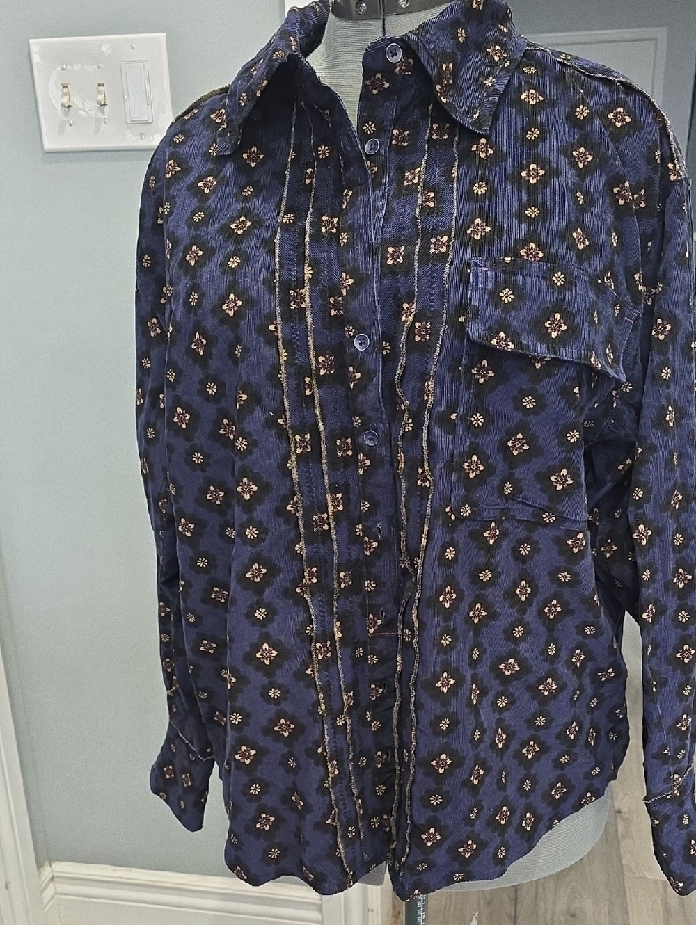 We The Free Navy Blue Floral Corduroy Shirt( One missing Button See Pictures)